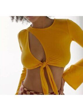 URBAN OUTFITTERS UO Elle Keyhole Crop Top XS Flare Sleeve Tie Front small yellow